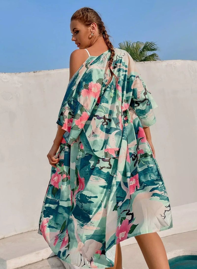 Plant & Animal Print Tie Front Kimono - Image 2