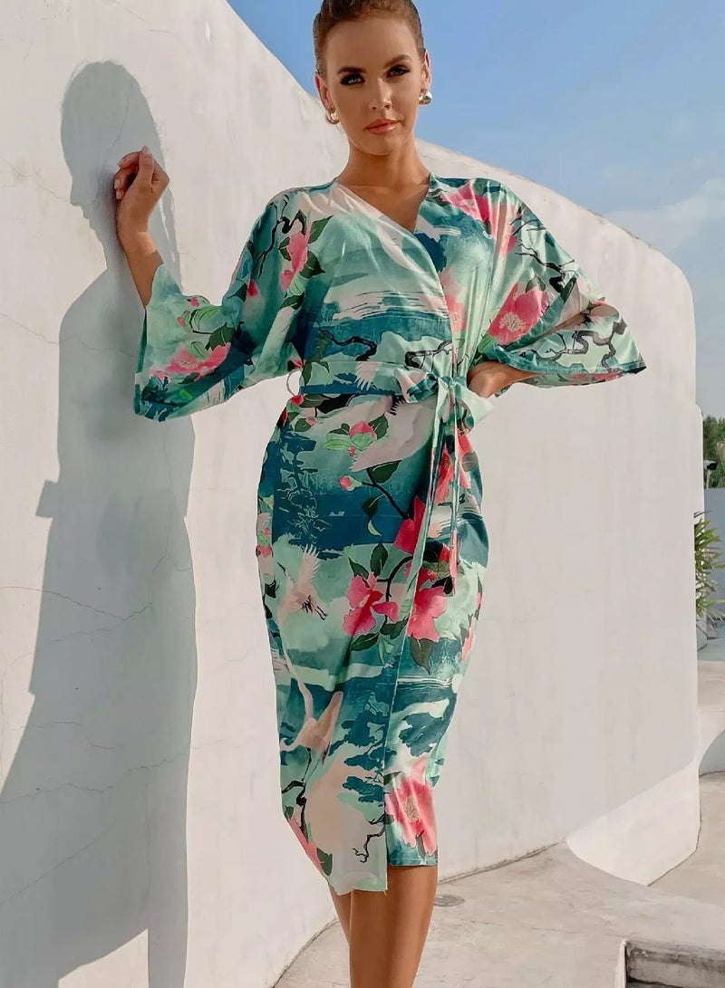 Plant & Animal Print Tie Front Kimono - Image 3