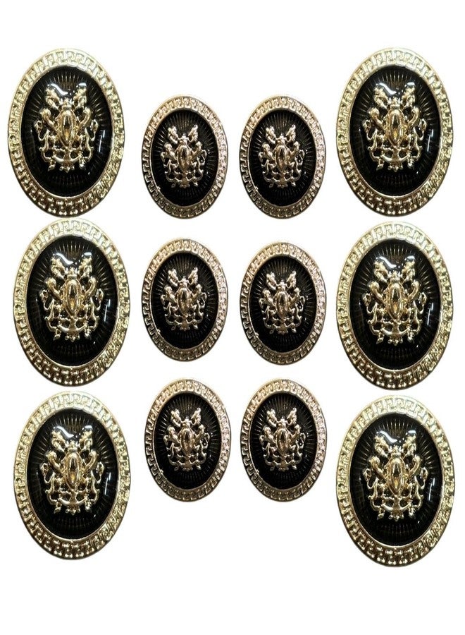 REENA Black Gold Shield Buttons - Set of 12 (6 Large + 6 Small) Sew-On Synthetic Resin PVC Designer Buttons for Coats, Shirts, Blazers, Bandhgalas, Sherwanis & DIY Projects - Image 1