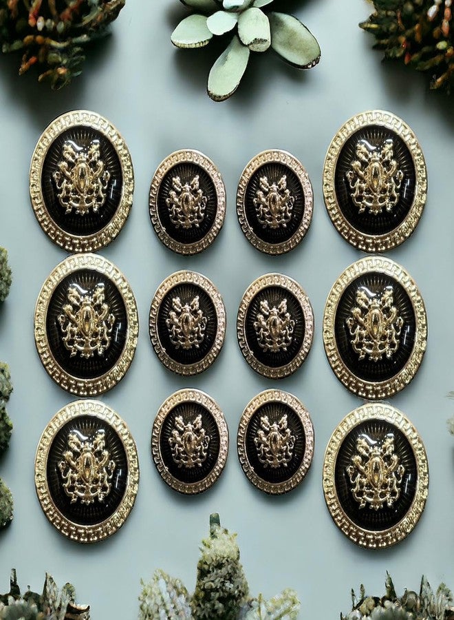 REENA Black Gold Shield Buttons - Set of 12 (6 Large + 6 Small) Sew-On Synthetic Resin PVC Designer Buttons for Coats, Shirts, Blazers, Bandhgalas, Sherwanis & DIY Projects - Image 2