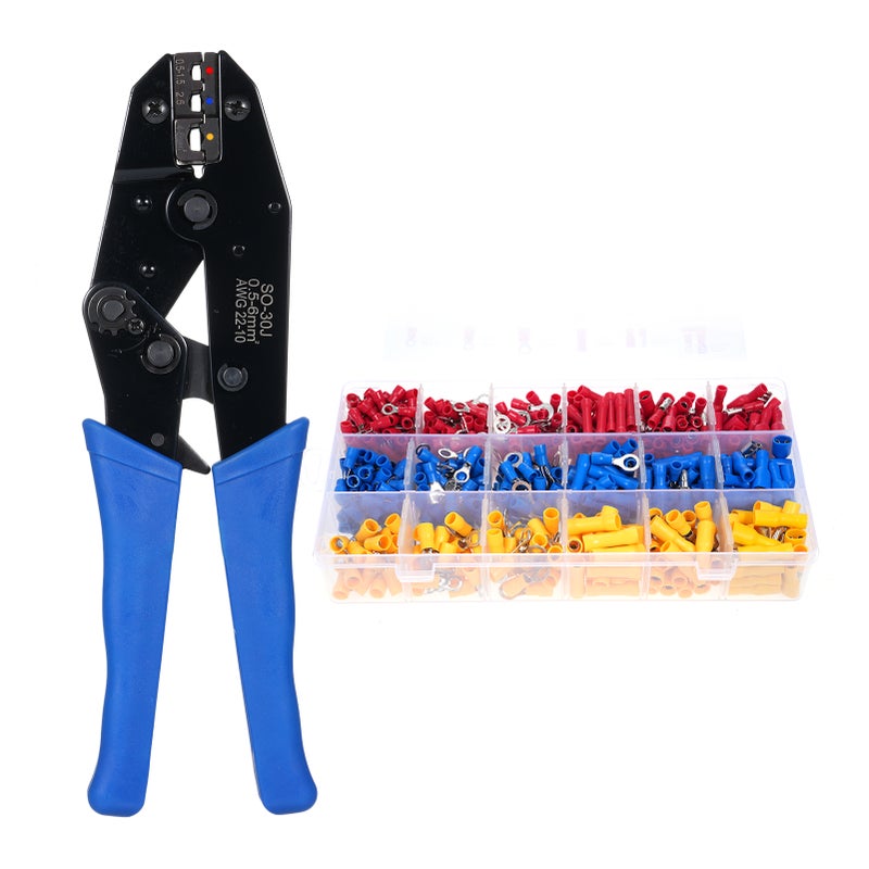 30J Wire Terminals Crimping Tool, Insulated Ratcheting Terminals Crimper Kit of AWG 22-10 with 700PCS Insulated Butt Bullet Spade Ring Crimp Terminals Connectors - Image 1