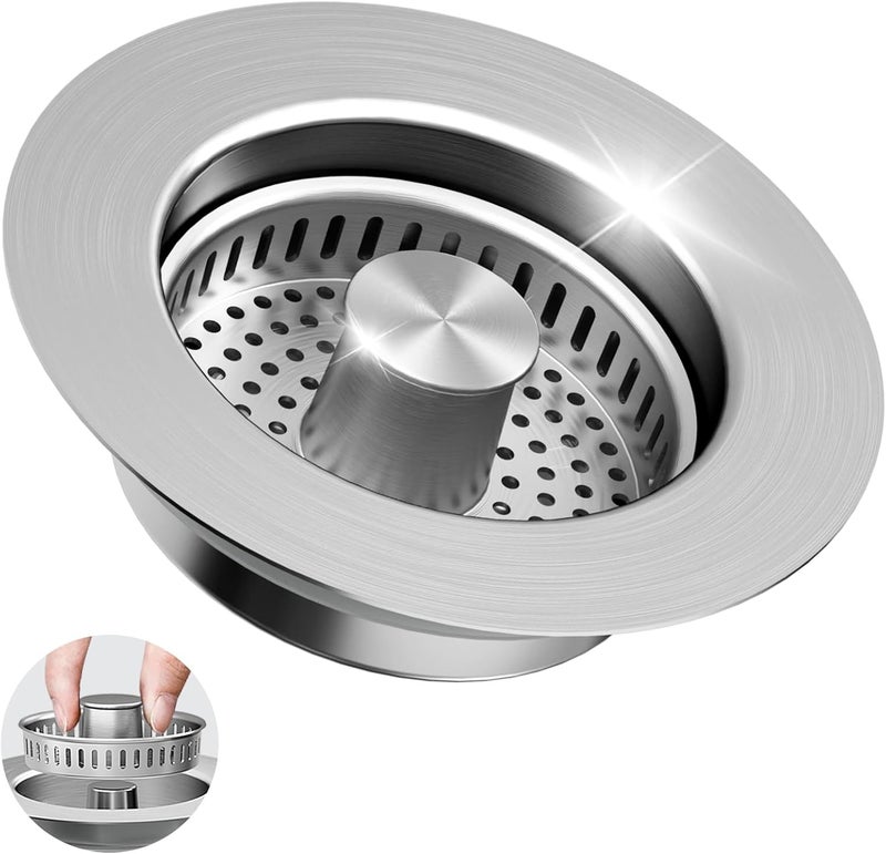 GGV 3 in 1 Kitchen Sink Drain Strainer & Sink Stopper, 304 Stainless Steel Pop Up Sink Drain Stopper with Anti-Clogging Basket for US Standard (Silver) - Image 1