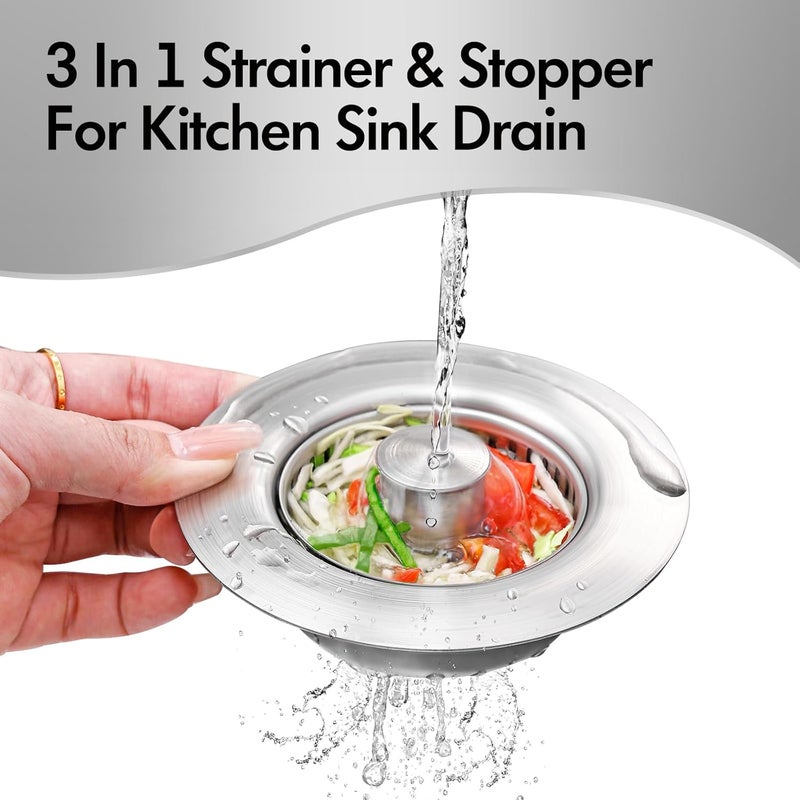 GGV 3 in 1 Kitchen Sink Drain Strainer & Sink Stopper, 304 Stainless Steel Pop Up Sink Drain Stopper with Anti-Clogging Basket for US Standard (Silver) - Image 2