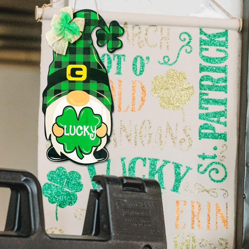 Sggvecsy 17.7’’ St Patrick's Day Wooden Sign Buffalo Plaid Irish Gnome Hanging Door Decor with Burlap Bow Shamrock Lucky Clover Hanging Rustic Wood Sign for Home Front Door Wall Window Porch Decor - Image 3