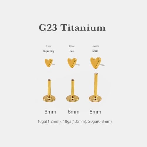 NONTAI Tiny Heart Stud Earrings, Gold Titanium Flat Back Earrings 18G, Threadless Cartilage Tragus Piercing Conch Stud Nose Helix Stud - Image 3