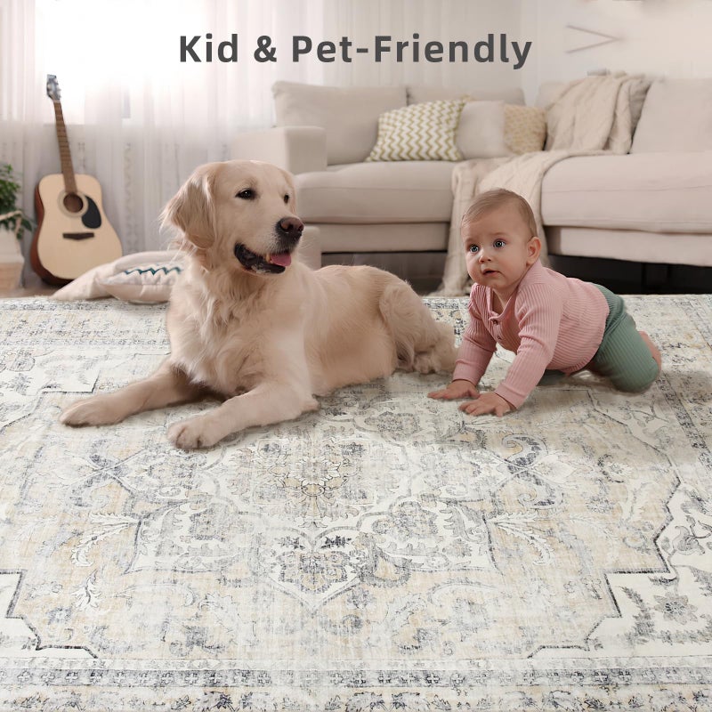 palohom Area Rugs 9x12 Living Room: Washable Rugs for Bedroom Non Slip Low Pile Soft Faux Wool Non Shedding Distressed Vintage Boho Large Carpet for Dining Room Under Table Nursery Entryway Office Farmhouse - Image 4