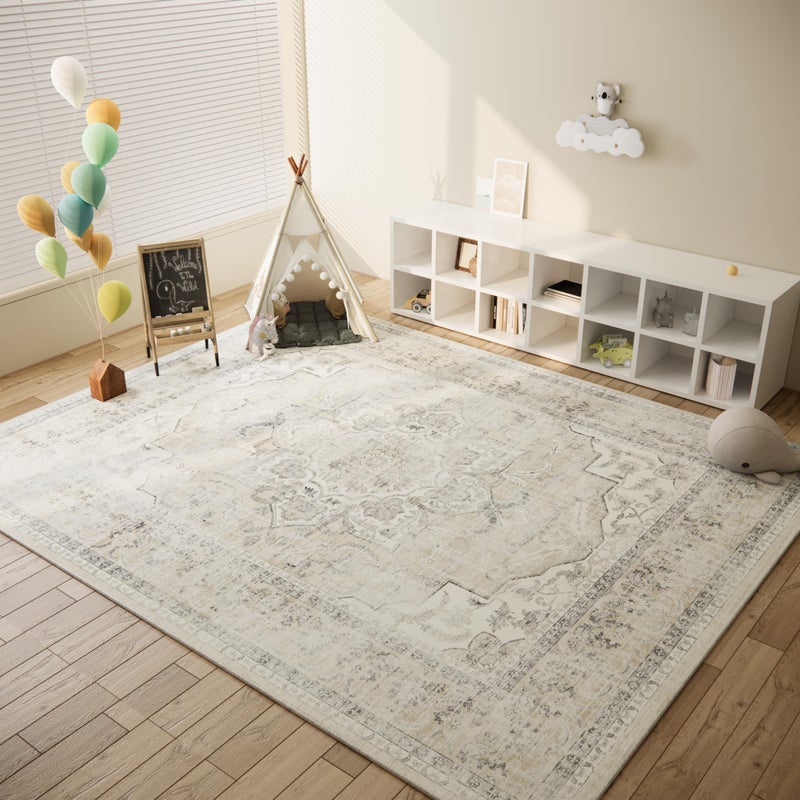 palohom Area Rugs 9x12 Living Room: Washable Rugs for Bedroom Non Slip Low Pile Soft Faux Wool Non Shedding Distressed Vintage Boho Large Carpet for Dining Room Under Table Nursery Entryway Office Farmhouse - Image 5