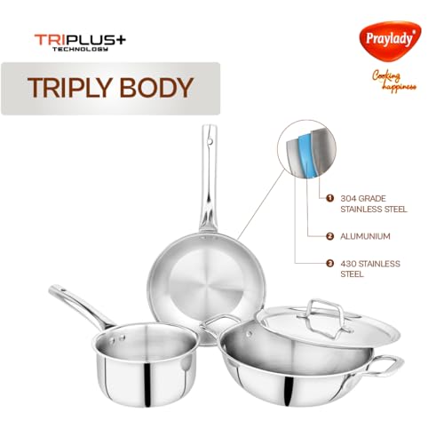 Praylady TRIPLUS 4-Piece Triply Cookware Set | 24cm Kadai + 24cm Lid + 22cm Frypan + 16cm Saucepan | Triple-Layered Stainless Steel-Aluminum | Induction & Gas Compatible(4-Piece Triply Cookware Set) - Image 2