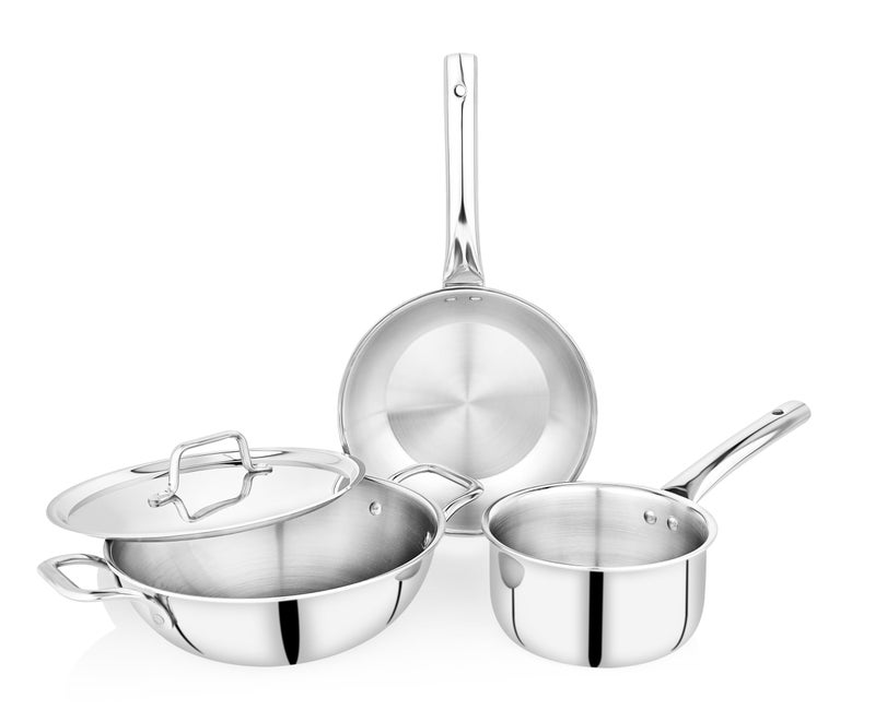 Praylady TRIPLUS 4-Piece Triply Cookware Set | 24cm Kadai + 24cm Lid + 22cm Frypan + 16cm Saucepan | Triple-Layered Stainless Steel-Aluminum | Induction & Gas Compatible(4-Piece Triply Cookware Set) - Image 1