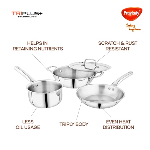 Praylady TRIPLUS 4-Piece Triply Cookware Set | 24cm Kadai + 24cm Lid + 22cm Frypan + 16cm Saucepan | Triple-Layered Stainless Steel-Aluminum | Induction & Gas Compatible(4-Piece Triply Cookware Set) - Image 3