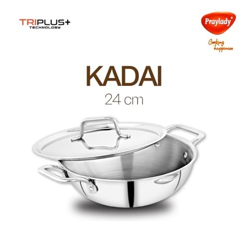 Praylady TRIPLUS 4-Piece Triply Cookware Set | 24cm Kadai + 24cm Lid + 22cm Frypan + 16cm Saucepan | Triple-Layered Stainless Steel-Aluminum | Induction & Gas Compatible(4-Piece Triply Cookware Set) - Image 4