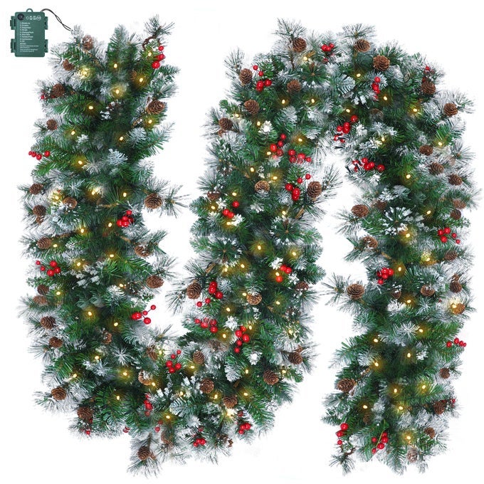 CHRISTMAS GARLAND WITH LIGHTS 9FT 100LED BATTERY OPERATED GARLAND DECORATED WITH PINE CONES BERRY 8 LIGHT MODES TIMER INDOOR OUTDOOR CHRISTMAS LIGHTS FOR STAIRS FIREPLACE DOOR FENCES