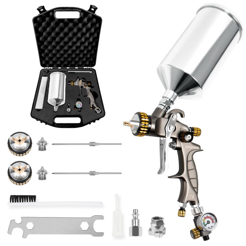 BEETRO HVLP Air Spray Gun with Storage Box, 1000ml Capacity 14.3CFM 29-32psi 1.4/1.8mm Nozzles Stainless Steel with Type 2 Adapter Professional Gravity Feed Sprayer Automotive - Image 1