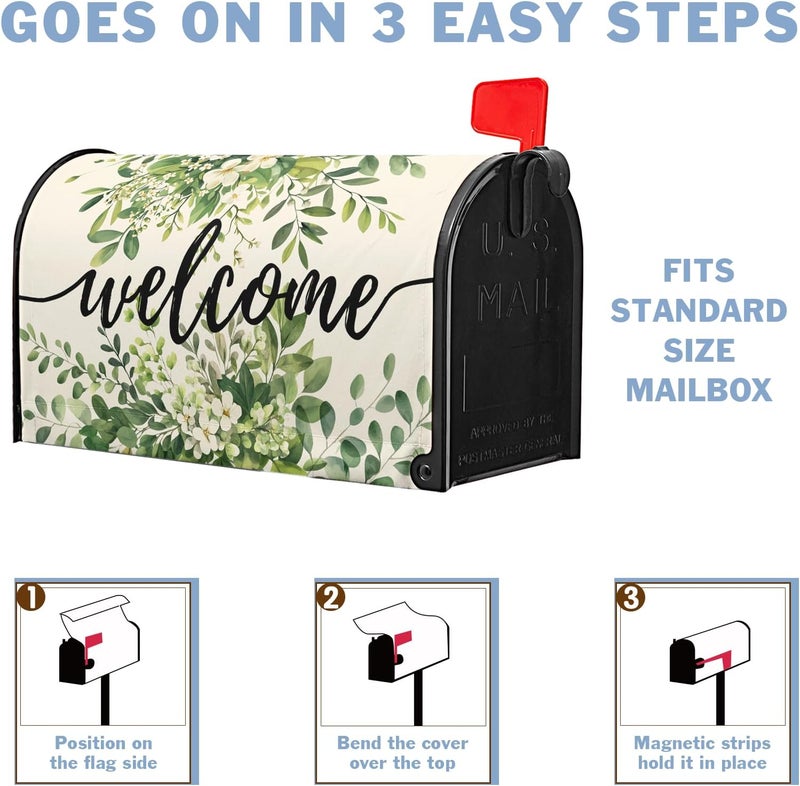 Farg Welcome Spring Mailbox Covers Magnetic Green Eucalyptus Leaf Wreath Flowers Post Letter Box Cover for Garden Standard Size 21x18 in Mailbox Wraps for Yard Home Decor - Image 4