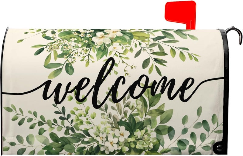 Farg Welcome Spring Mailbox Covers Magnetic Green Eucalyptus Leaf Wreath Flowers Post Letter Box Cover for Garden Standard Size 21x18 in Mailbox Wraps for Yard Home Decor - Image 1