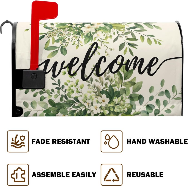 Farg Welcome Spring Mailbox Covers Magnetic Green Eucalyptus Leaf Wreath Flowers Post Letter Box Cover for Garden Standard Size 21x18 in Mailbox Wraps for Yard Home Decor - Image 5