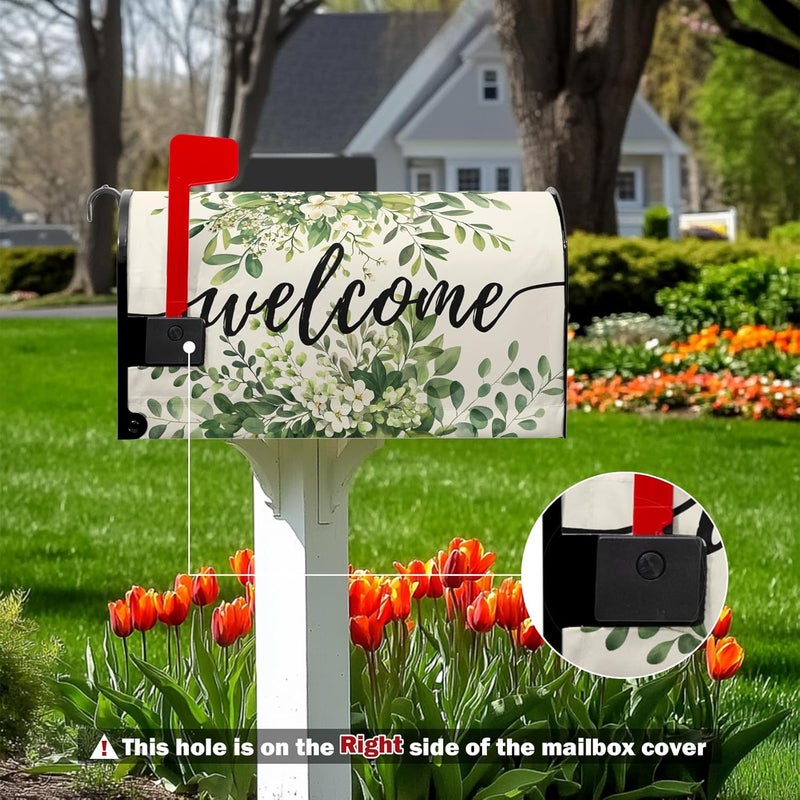Farg Welcome Spring Mailbox Covers Magnetic Green Eucalyptus Leaf Wreath Flowers Post Letter Box Cover for Garden Standard Size 21x18 in Mailbox Wraps for Yard Home Decor - Image 2