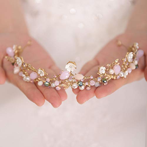 FXmimior Bridal Hair Accessories Gold Pink Flower Bead Wedding Crown Headband Women Crystal Tiara Headpiece Wedding Hair Accessories - Image 1