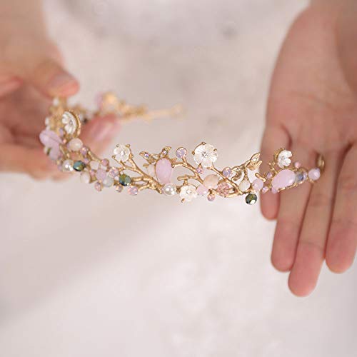 FXmimior Bridal Hair Accessories Gold Pink Flower Bead Wedding Crown Headband Women Crystal Tiara Headpiece Wedding Hair Accessories - Image 4