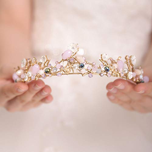 FXmimior Bridal Hair Accessories Gold Pink Flower Bead Wedding Crown Headband Women Crystal Tiara Headpiece Wedding Hair Accessories - Image 2