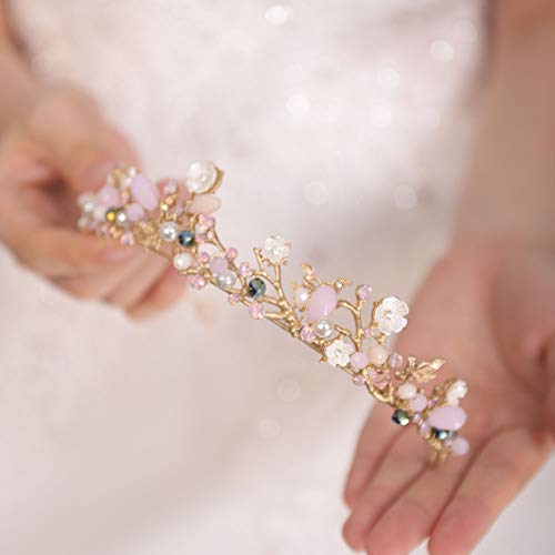 FXmimior Bridal Hair Accessories Gold Pink Flower Bead Wedding Crown Headband Women Crystal Tiara Headpiece Wedding Hair Accessories - Image 3
