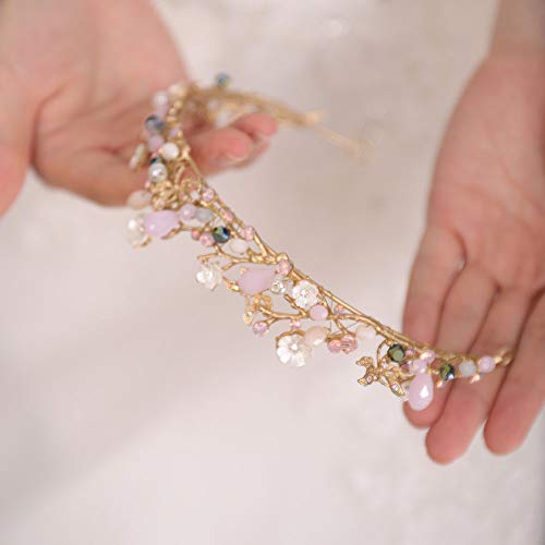 FXmimior Bridal Hair Accessories Gold Pink Flower Bead Wedding Crown Headband Women Crystal Tiara Headpiece Wedding Hair Accessories - Image 5