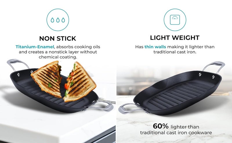 Ramson PreSeasoned Cast Iron Grill Pan 30cm 287kg Double Handle with Titanium Enameled Induction Friendly Black - Image 2