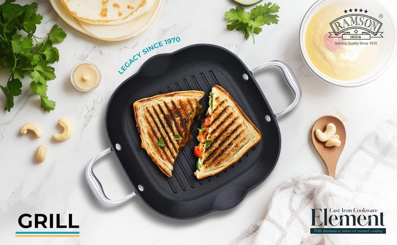 Ramson PreSeasoned Cast Iron Grill Pan 30cm 287kg Double Handle with Titanium Enameled Induction Friendly Black - Image 3