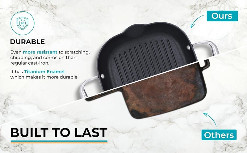 Ramson PreSeasoned Cast Iron Grill Pan 30cm 287kg Double Handle with Titanium Enameled Induction Friendly Black - Image 4