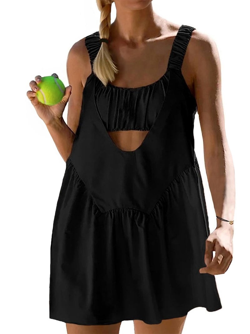 AnotherChill Womens Tennis Dress Built-in Bra & Matching Shorts Pockets Workout Dresses Athletic Outfits Cut Out Two Piece (Black, Medium) - Image 1