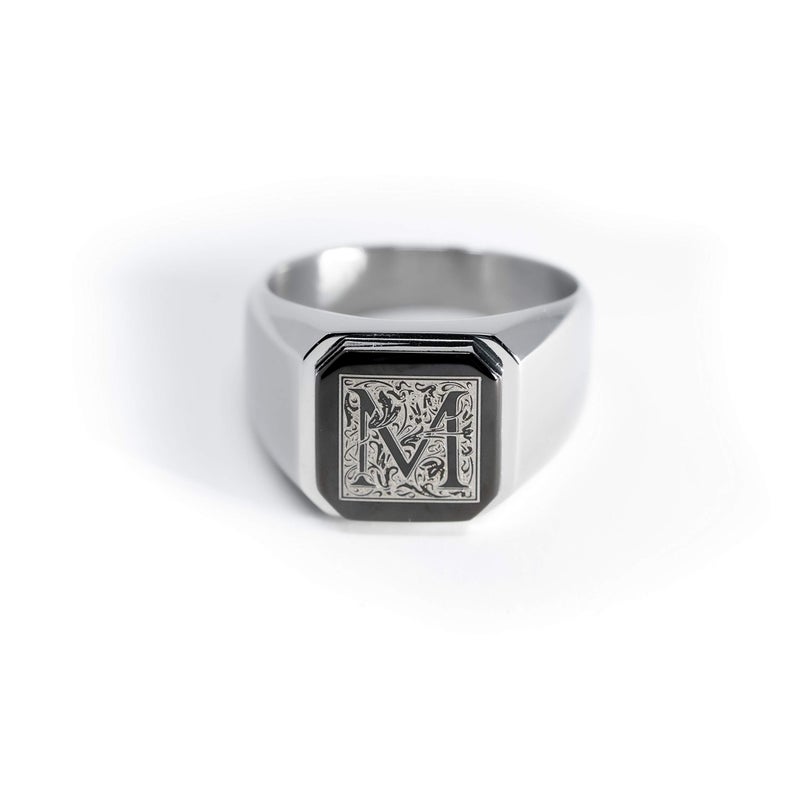 Tioneer Jewelry | Stainless Steel Letter Alphabet Initial Ring | Square Flat Top Ring for Men & Women | Stainless Steel Jewelry, Silver - Letter M, Size 7.5 - Image 1