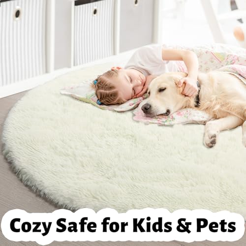 Amdrebio Ivory White Round Rug 4Ft for Kids Bedroom Aesthetic, Washable Fluffy Fuzzy Circle Area Rugs for Living Room, Circular Plush Soft Shaggy Cream Carpet for Baby Nursery Dorm Teen Girls Boys - Image 2