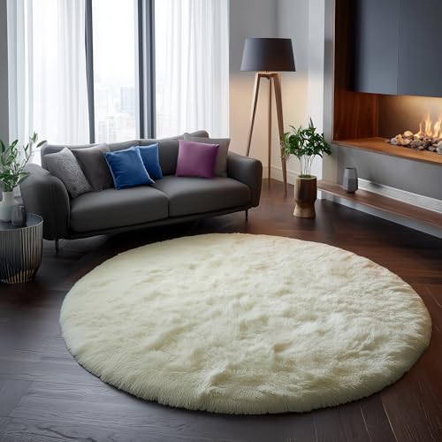 Amdrebio Ivory White Round Rug 4Ft for Kids Bedroom Aesthetic, Washable Fluffy Fuzzy Circle Area Rugs for Living Room, Circular Plush Soft Shaggy Cream Carpet for Baby Nursery Dorm Teen Girls Boys - Image 4