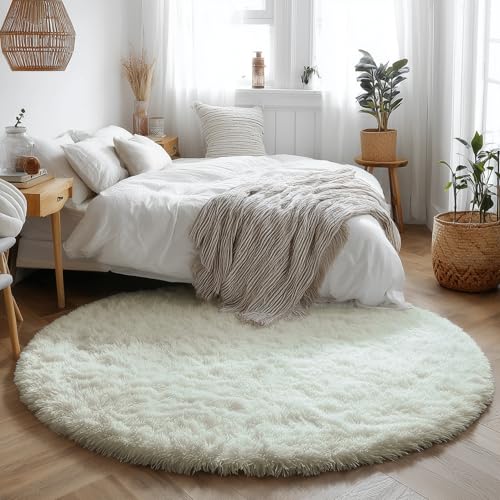 Amdrebio Ivory White Round Rug 4Ft for Kids Bedroom Aesthetic, Washable Fluffy Fuzzy Circle Area Rugs for Living Room, Circular Plush Soft Shaggy Cream Carpet for Baby Nursery Dorm Teen Girls Boys - Image 5