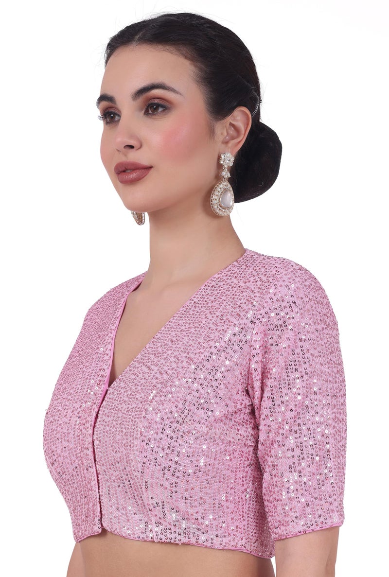 Studio Shringaar Women Polyester Half Sleeve V Neck Sequin Readymade Saree Blouse (Pink, 40) - Image 4