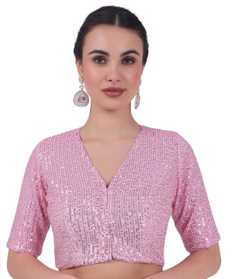 Studio Shringaar Women Polyester Half Sleeve V Neck Sequin Readymade Saree Blouse (Pink, 40) - Image 1