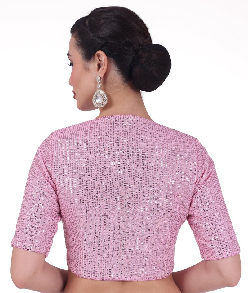 Studio Shringaar Women Polyester Half Sleeve V Neck Sequin Readymade Saree Blouse (Pink, 40) - Image 2