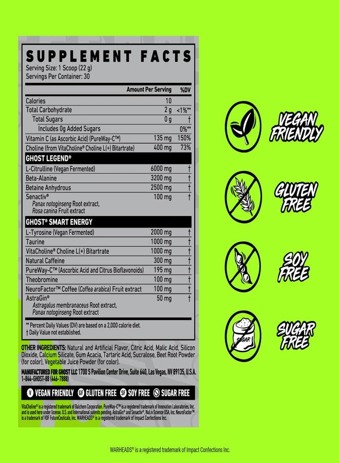 GHOST Legend Pre-Workout Powder, Warheads Sour Watermelon - 30 Servings – Pre-Workout for Men & Women with Choline, L-Citrulline, & Beta Alanine for Energy & Focus - Image 4