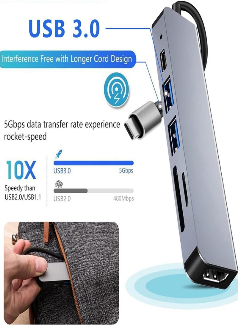 Hub Adapter 6in1 4k 100W 2X Usb-A Usb-C 3.0 4K Hdmi Micro Sd Tf Sd  - Image 1