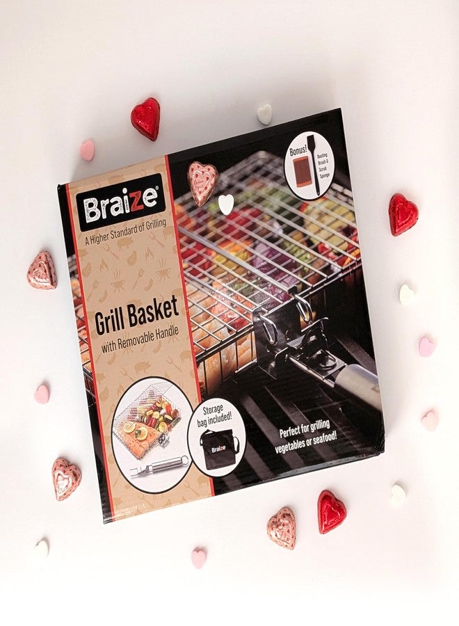 Braize Stainless Steel Large Grill Basket with Easy Open/Close Lid, Removable Handle, Silicone Basting Brush, and Steel-fiber Scrub Sponge - 12.25 x 9.5 x 1.5 Inches - Includes Carry/Storage Bag - Image 3
