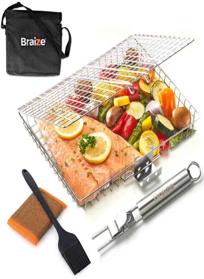 Braize Stainless Steel Large Grill Basket with Easy Open/Close Lid, Removable Handle, Silicone Basting Brush, and Steel-fiber Scrub Sponge - 12.25 x 9.5 x 1.5 Inches - Includes Carry/Storage Bag - Image 1