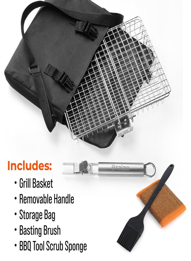 Braize Stainless Steel Large Grill Basket with Easy Open/Close Lid, Removable Handle, Silicone Basting Brush, and Steel-fiber Scrub Sponge - 12.25 x 9.5 x 1.5 Inches - Includes Carry/Storage Bag - Image 4