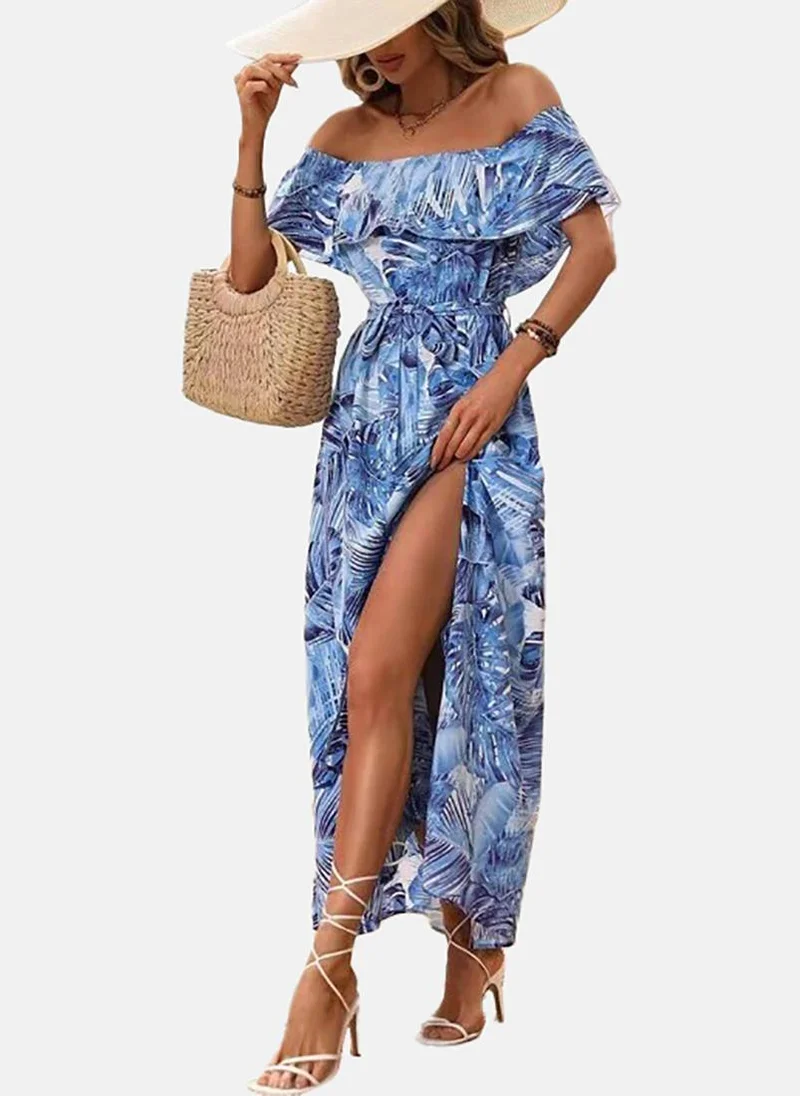 YUNIQEE Blue Asymmetric Printed Off-shoulder Half Sleeve Dress