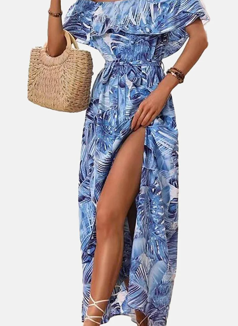 YUNIQEE Blue Asymmetric Printed Off-shoulder Half Sleeve Dress