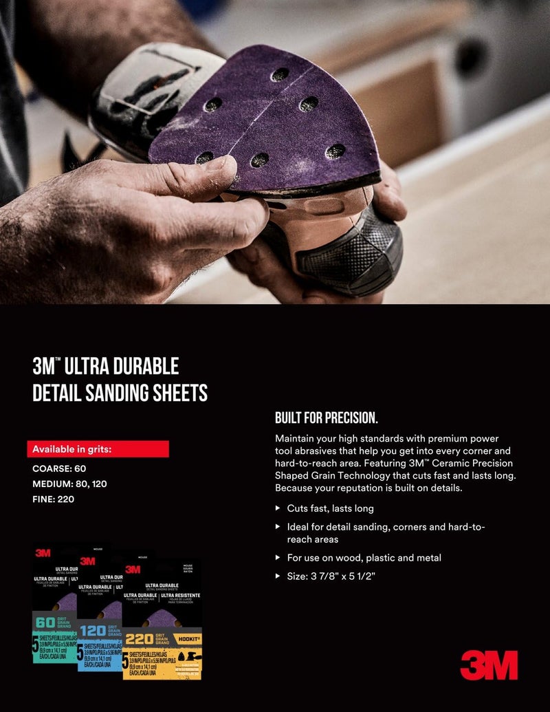 3M Ultra Durable Detail Sanding Sheets, 220 grit, 5/Pack - Image 5