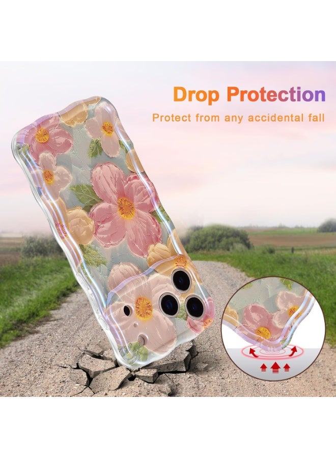Case for iPhone 17 Pro, Colorful Retro Oil Painting Printed Flower Laser Glossy Pattern Cute Curly Wave Edge Exquisite Phone Cover Stylish Durable TPU Protective Case for Girl Women - Image 2