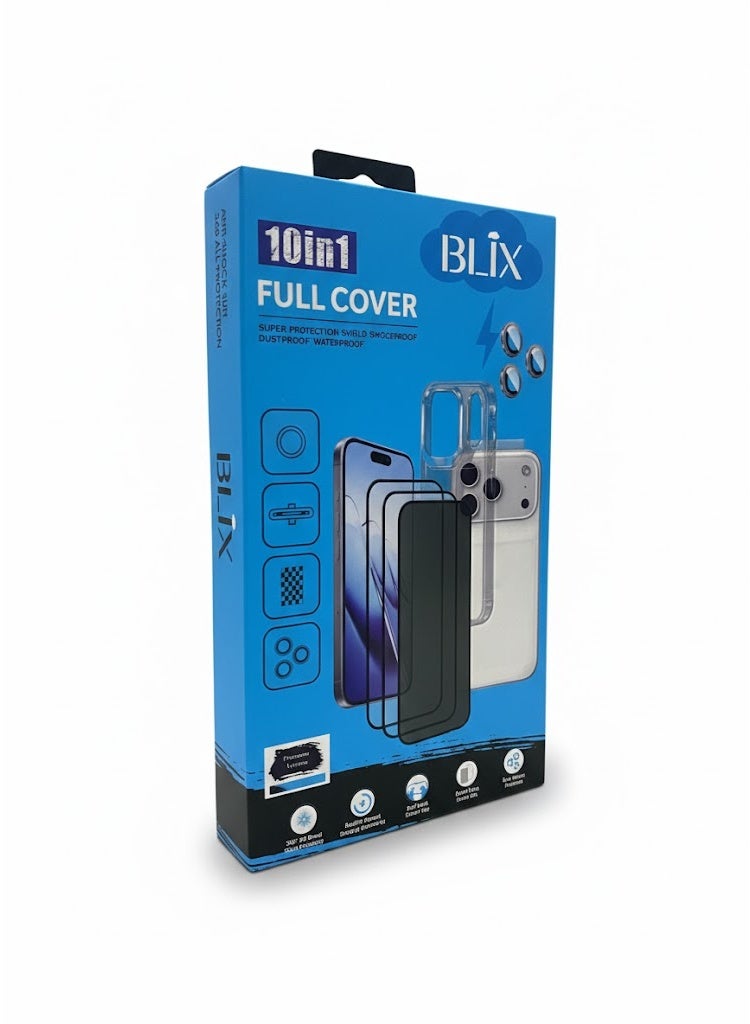 بليكس بكج حماية 10 في 1 لايفون 17 – كفر شفاف مقاوم للإصفرار، حماية شاشة خصوصية مقاومة للكسر، غطاء كاميرا عالي الوضوح.جودة عالية - Image 1