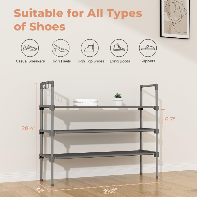 LANTEFUL 3 Tier Shoe Rack for Closet, Shoe Organizer with 5 Hooks, Long Shoe Shelf Storage for Shoe and Boot Stackable Free Standing Shoe Rack for Entryway, Garage, Small Spaces, Dorm, Grey - Image 3