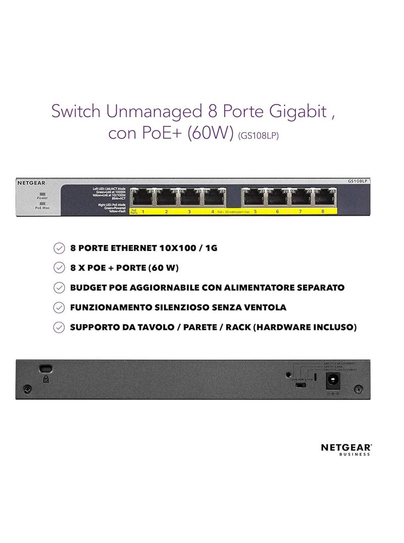 نت جير GS108LP Unmanaged Gigabit Ethernet (101001000) Power over Ethernet (PoE) 1U Black Grey Black - Image 2