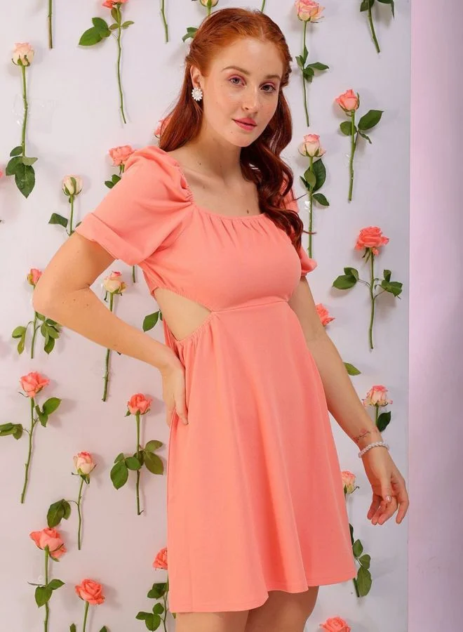 Freehand  Women Fit and Flared Solid Square Neck Short Sleeve Cut Out Dress for Women | Best Price UAE